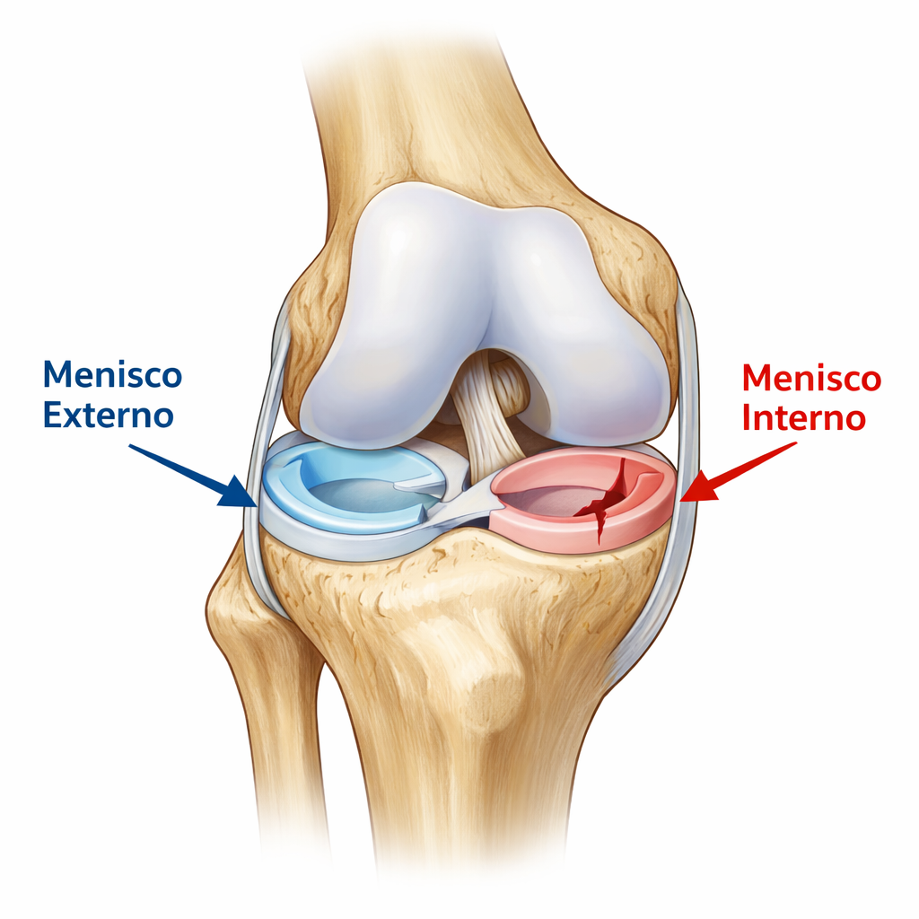 Menisco interno y externo de la rodilla con rotura meniscal (esquema anatómico)